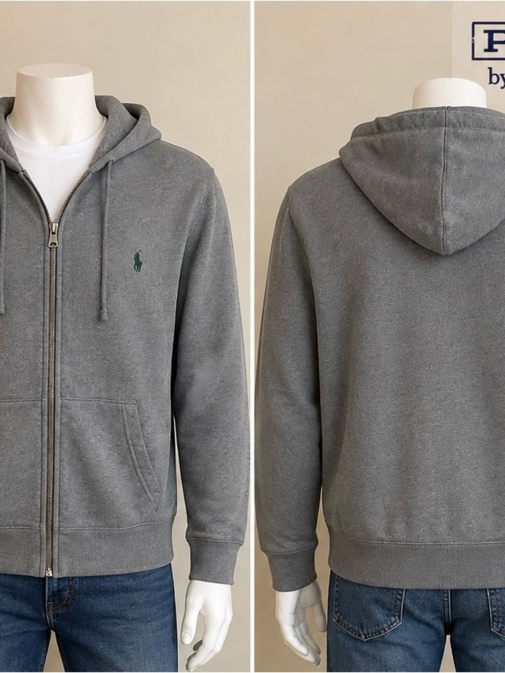 Ralph Lauren Gray Zip-Up Hoodie with Green Polo Embroidery